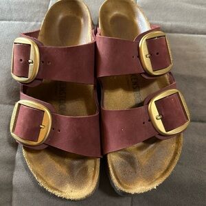 Women’s Birkenstock Maroon Sandals with  Big Gold Buckles